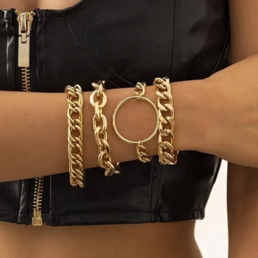 4pc Cuban Chain Link Bracelet Set